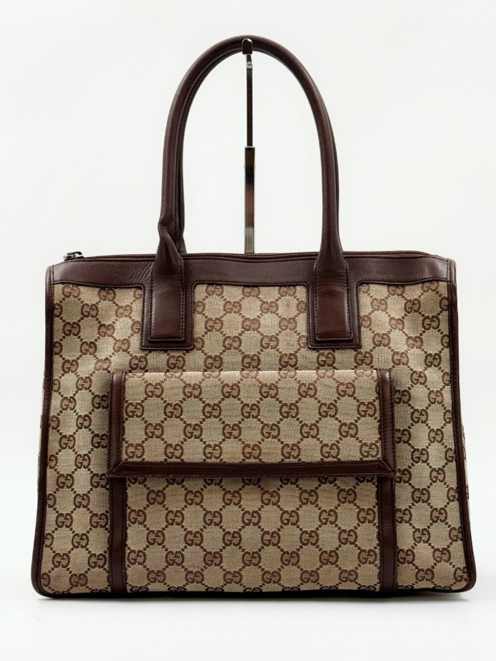 Gucci Vintage GG Monogram Canvas Leather Tote Shoulder Bag Brown Italy